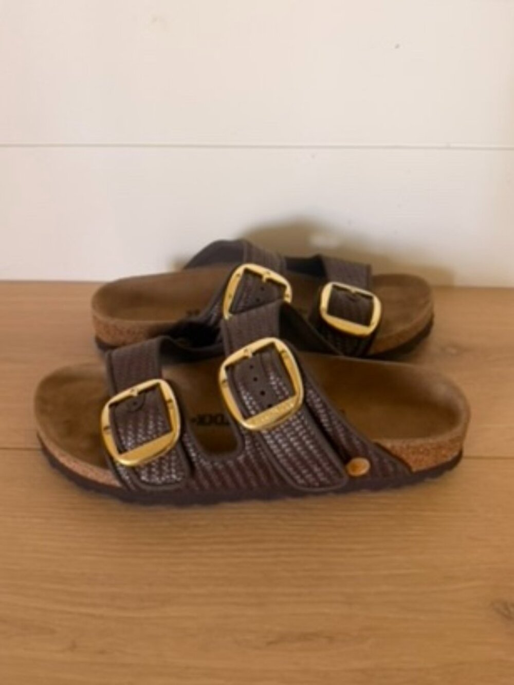 Birkenstock Arizona Big Buckle Raffia Carafe Brown Gold Sandals 39 Narrow